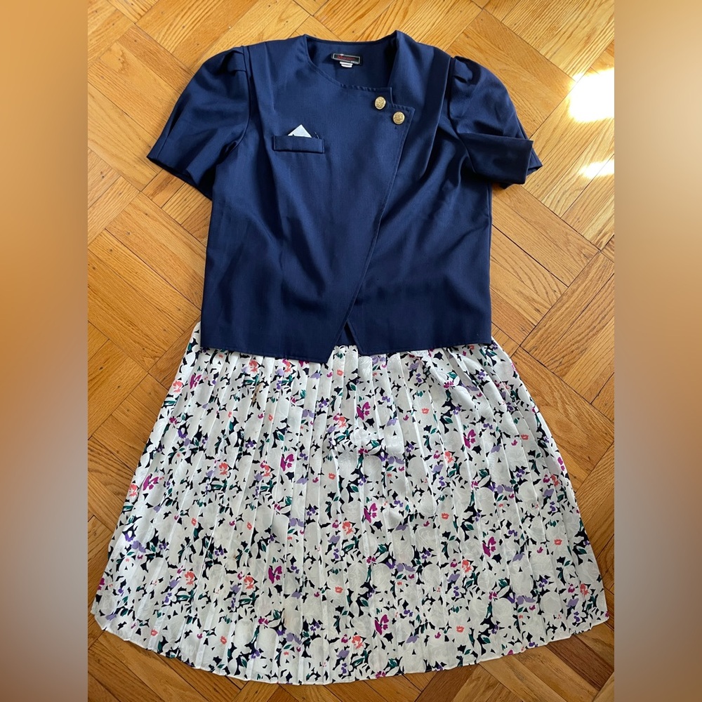 Vtg 80s 90s Navy Short Sleeve Jacket & Floral Pleated Skirt Set 2 Pc Suit Sz 18